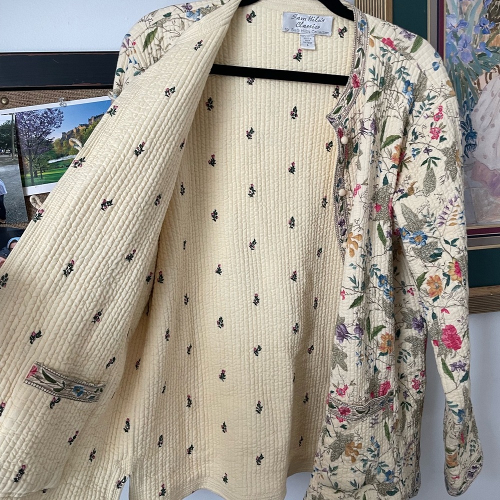 vintage gardencore quilted floral patterned button down jacket ivory size L - Picture 5 of 10